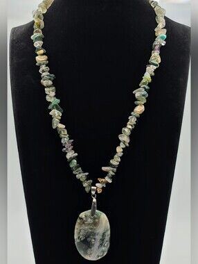 Ocean Jasper Pendant Necklace Natural Stone Chip Bead Boho Statement Jewelry